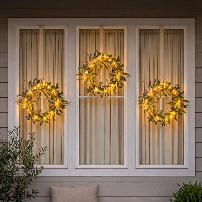 Artificial Olive Leaf Door Wreath with Warm Fairy Lights