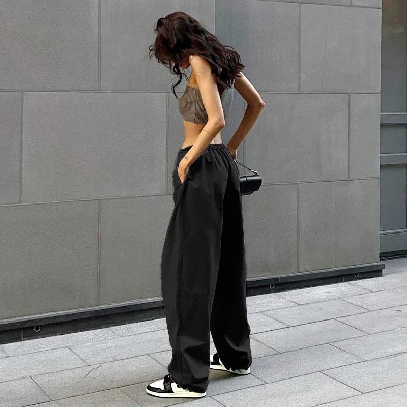 Black Lightweight Multi-Pocket Parachute Pants with Adjustable Waist