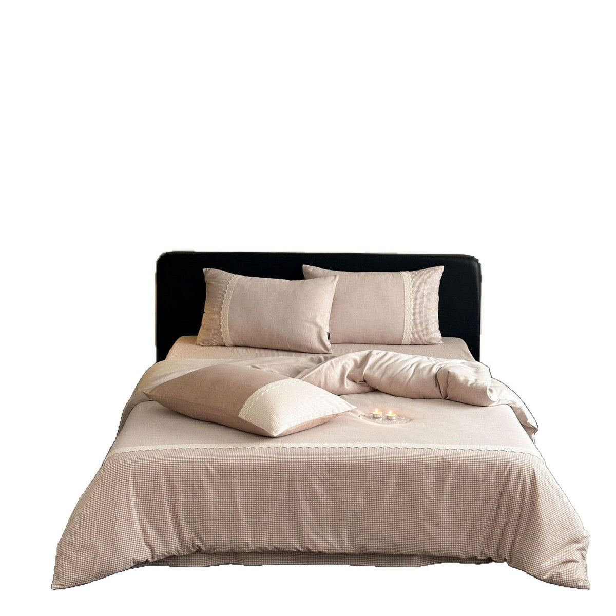 Cotton-Blend Bedding Set with Delicate Lace Trim and Fine Mini Check