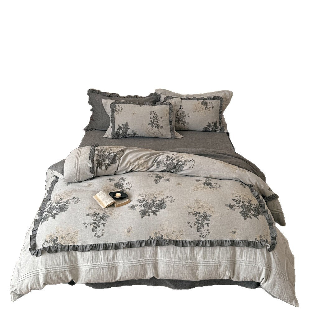 Cotton-Linen Bedding Set with Vintage Floral Print and Ruffled Trim