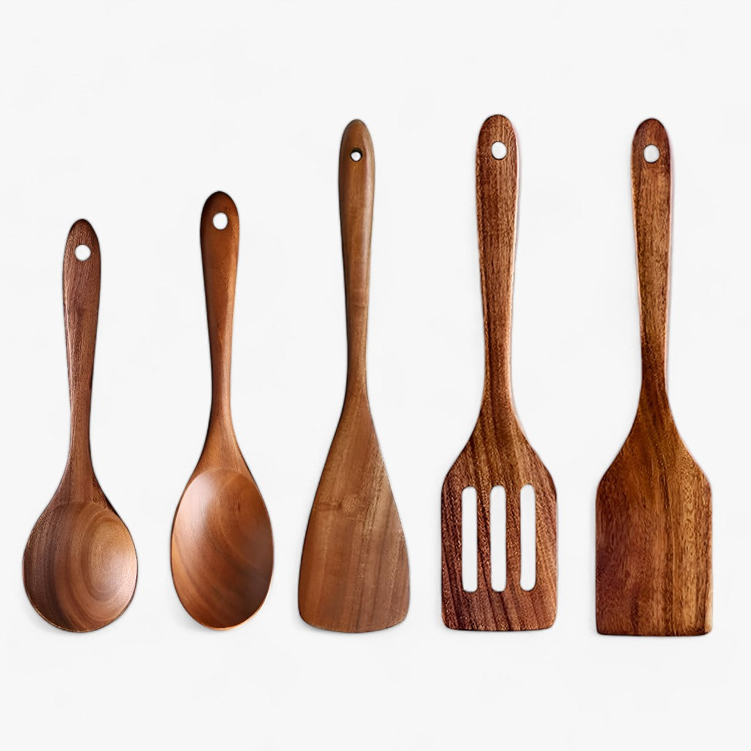 Elegant Teak Wooden Kitchen Utensil Set | 7-Piece Natural Luxury