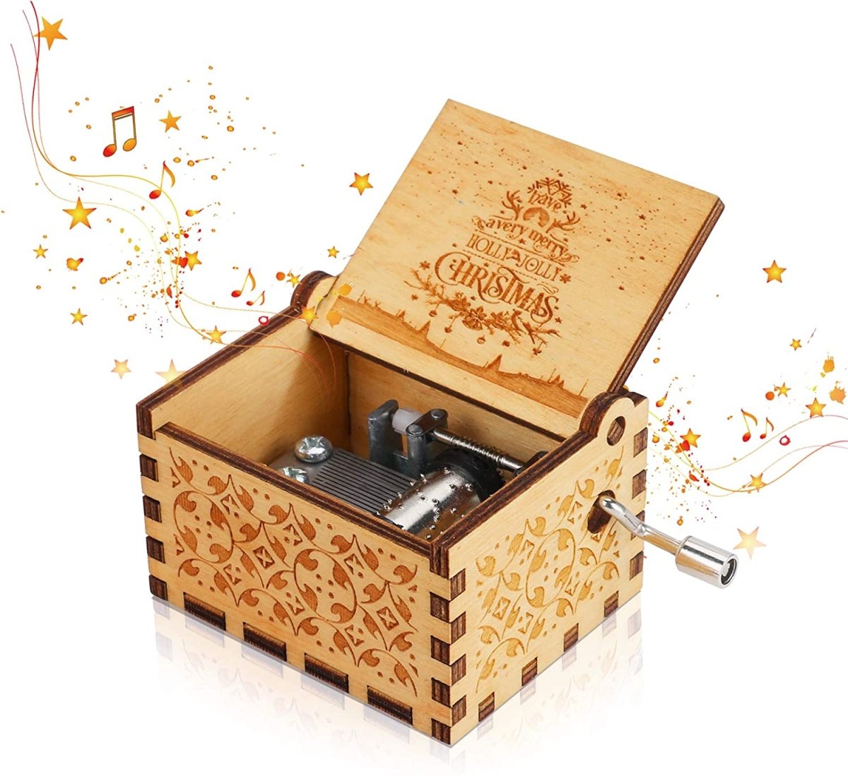 Hand-Wound Christmas Music Box — Cozy Melody, Traditional Holiday Motif