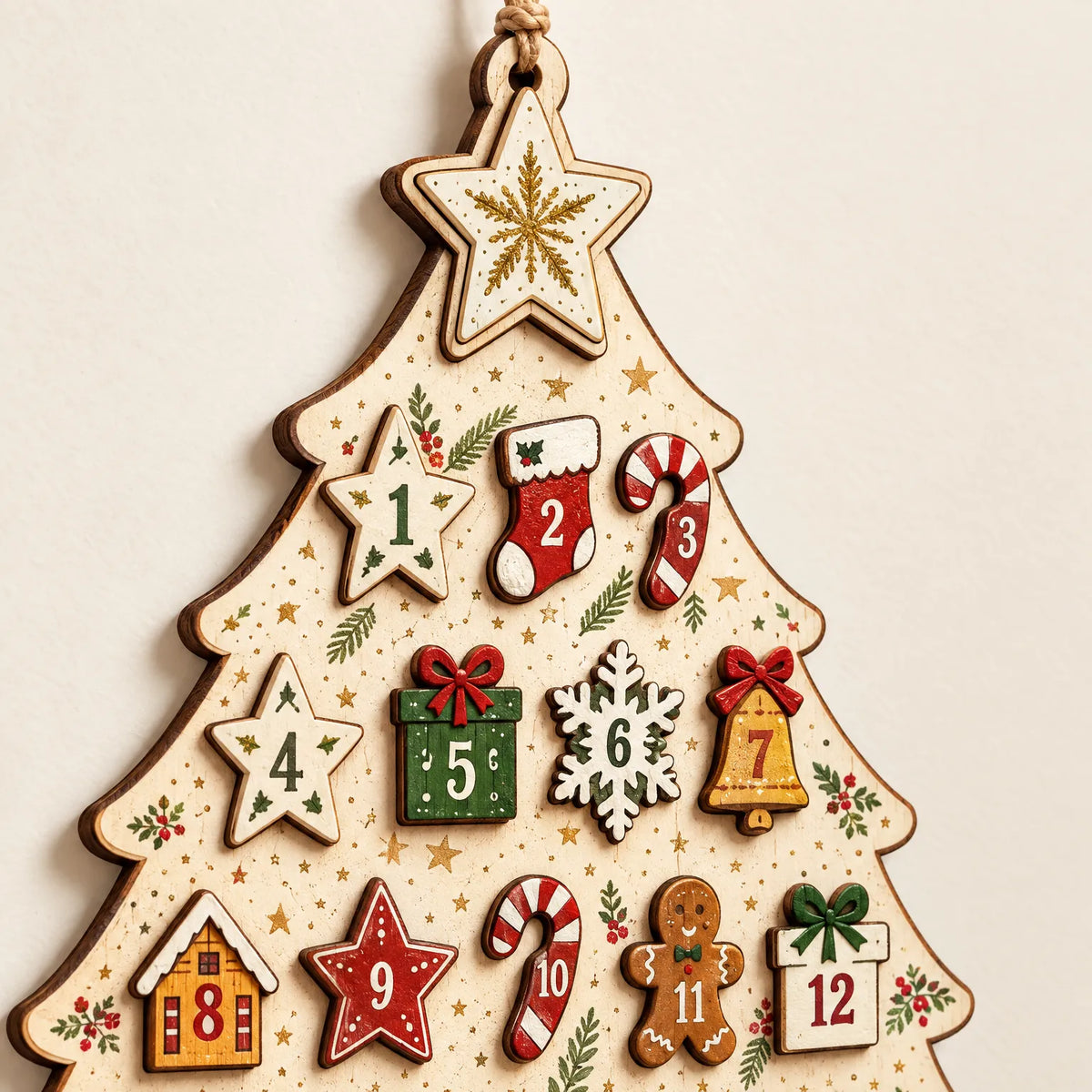 Hanging Wooden Advent Calendar – Reusable Tree-Shaped Wall Calendar with 24 Wooden Ornaments