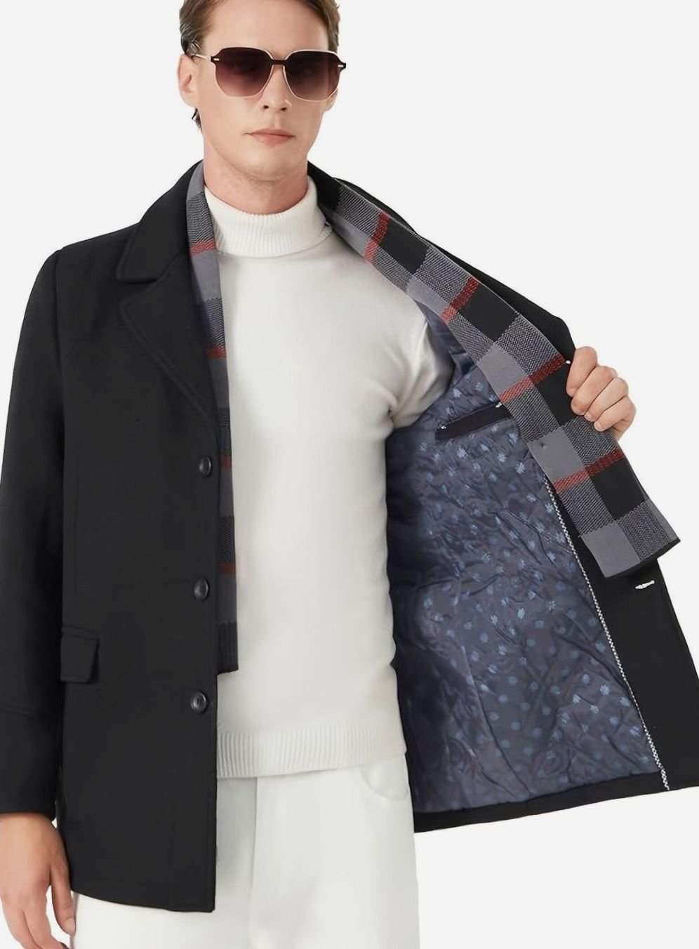 Men's Single-Breasted Tailored Lapel Wool Overcoat with Scarf