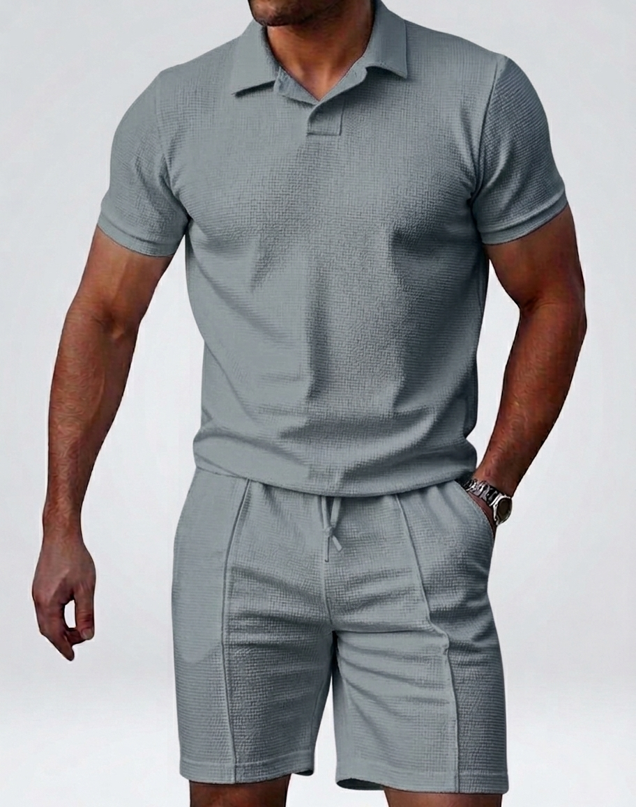 Men's Textured Knit Polo & Shorts Set