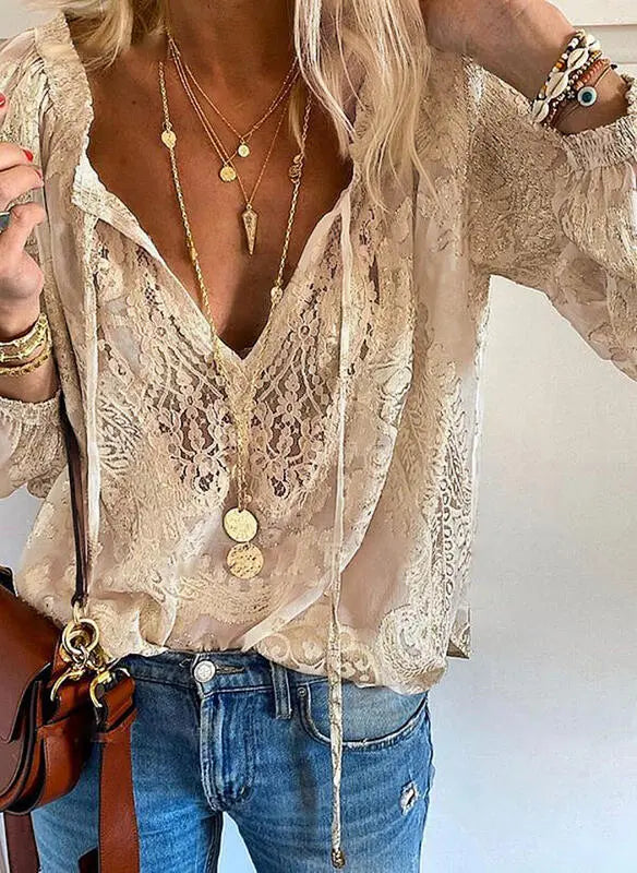 Image of Patricia | Women's Long Sleeve V-Neck Tie Neck Blouse