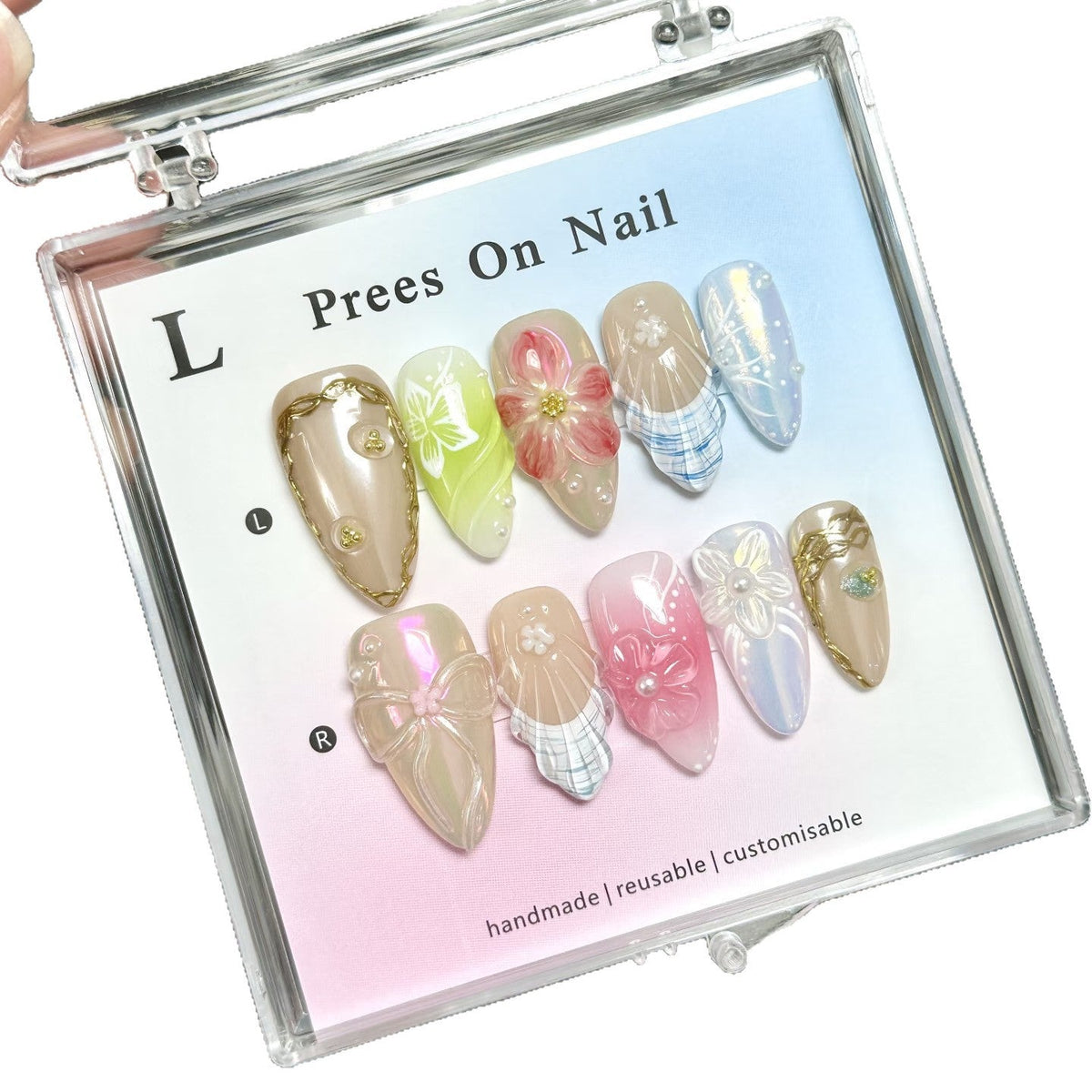 Reusable Handcrafted Press-On Nail Art Set with Floral Accents
