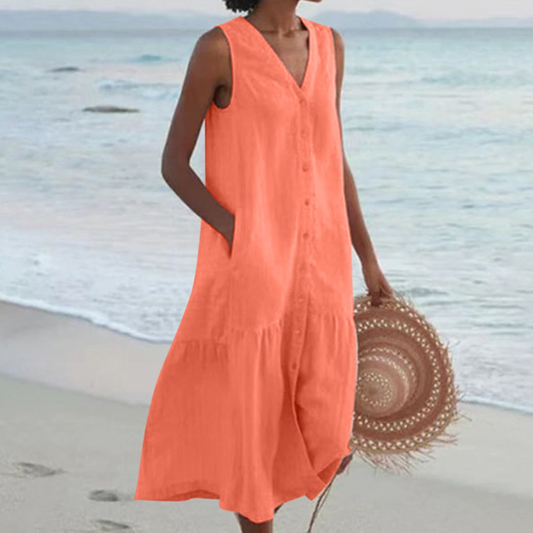 Image of Rita | Women's Sleeveless Button-Down Midi Dress