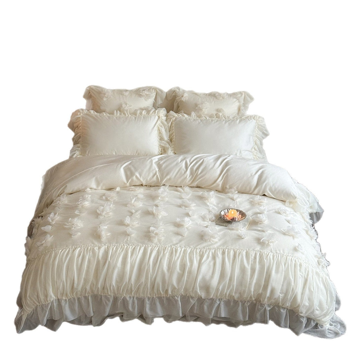 Romantic Bedding Set with 3D Flower Appliqué and Ruffles