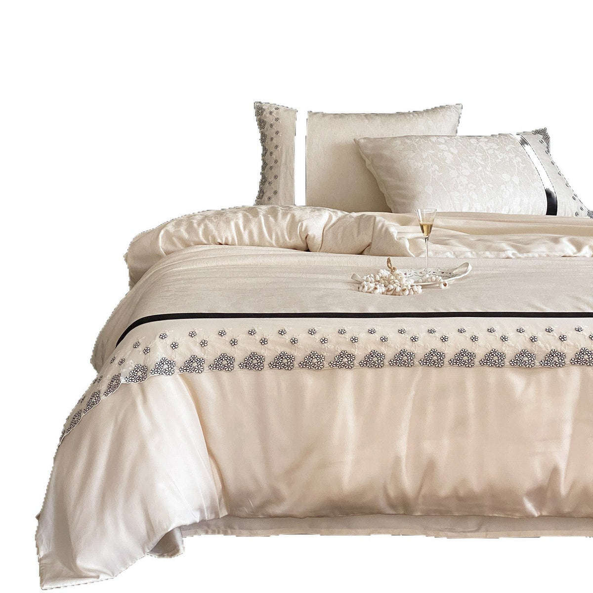 Satin Bedding with Floral Embroidery Border and Satin Edges