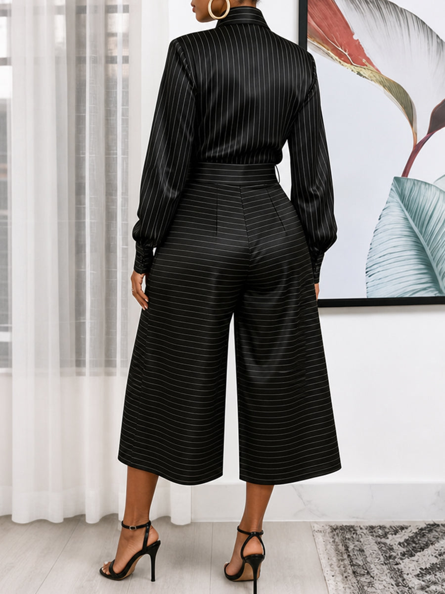 Striped Long-Sleeve Button-Down Lapel Blouse