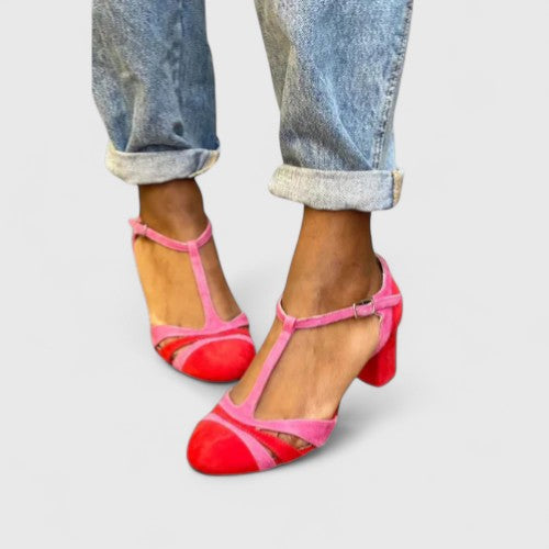T-Strap Block Heel Pumps with Cutout Detail