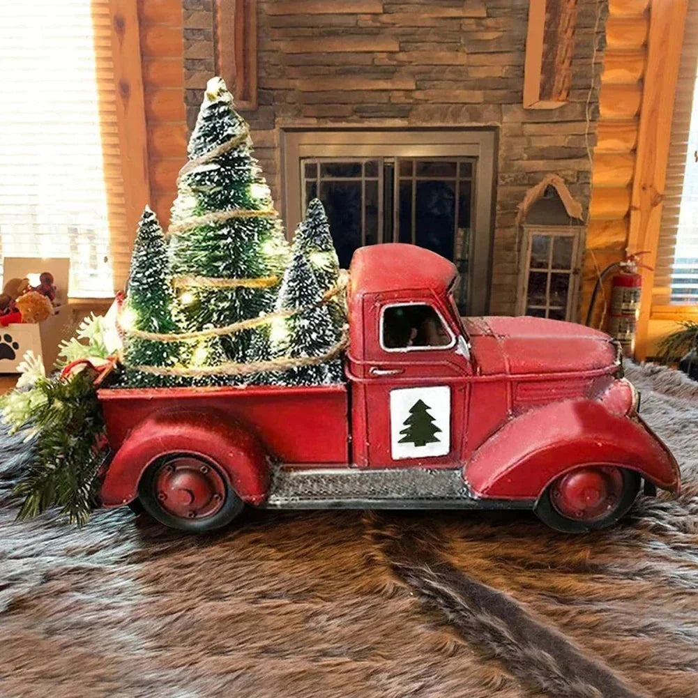 Tabletop Red Christmas Truck Decoration with Bottle Brush Trees and LED Lights