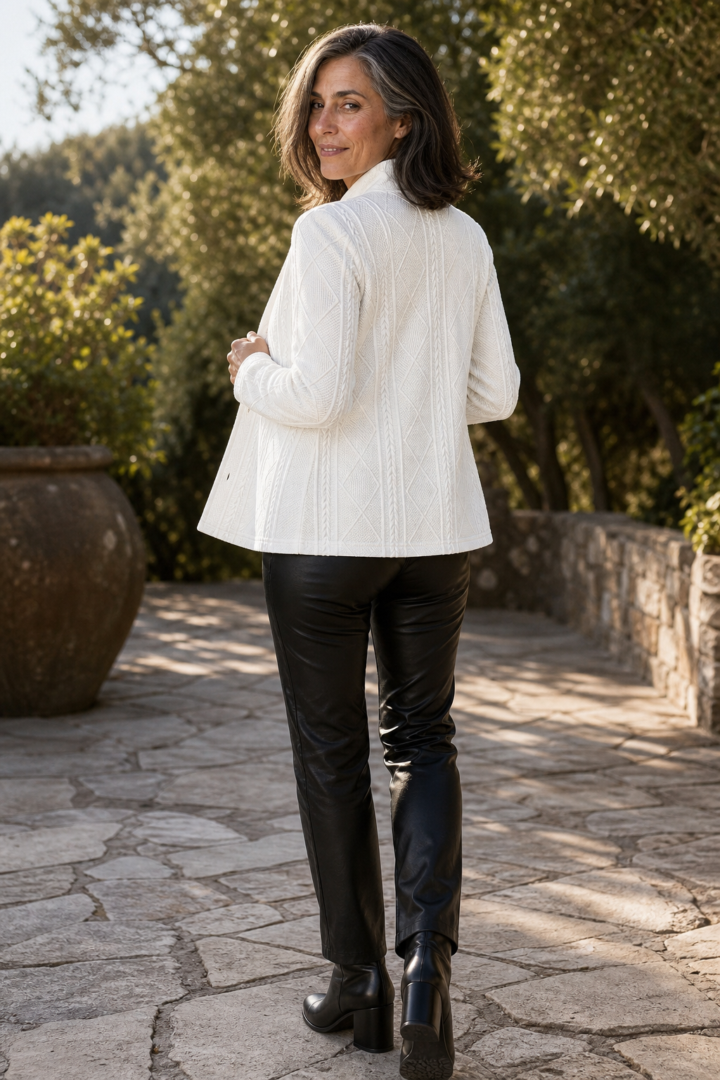 Textured Knit Stand-Collar Open-Front Blazer