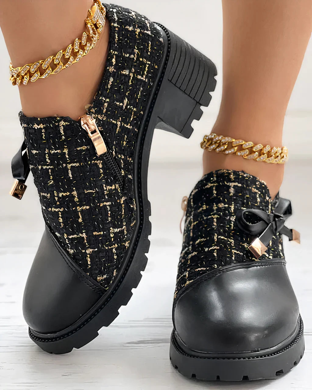 Women's Block Heel Mary Jane Shoes with Side Zip