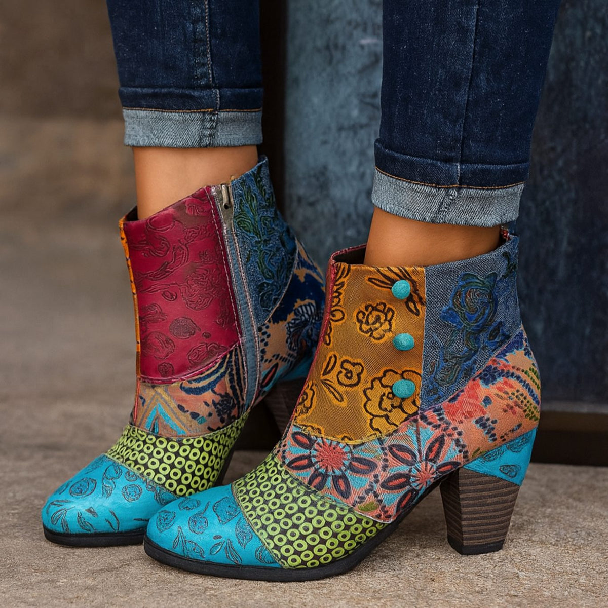 Women's Bohemian Floral Embossed Block-Heel Ankle Boots
