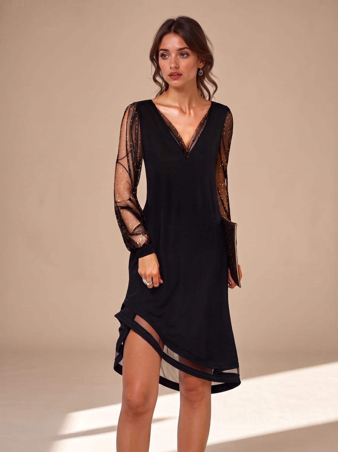 Women's Christmas Party Black Mini Dress with Sheer Sequin Long Sleeves