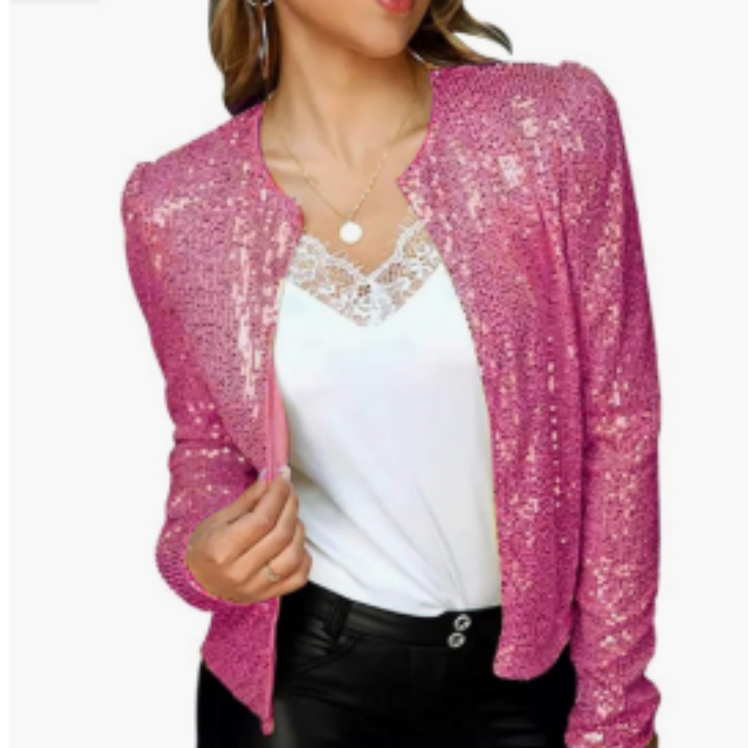 Women's Cropped Sequin Blazer with Zipper