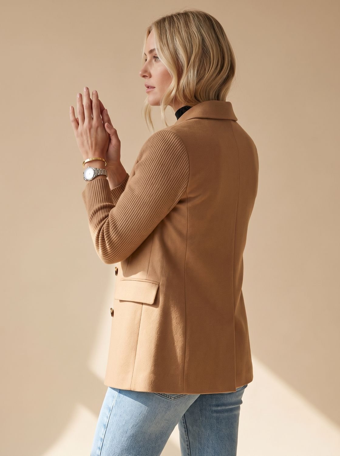 Women's Double-Breasted Fitted Blazer with Knit Sleeves