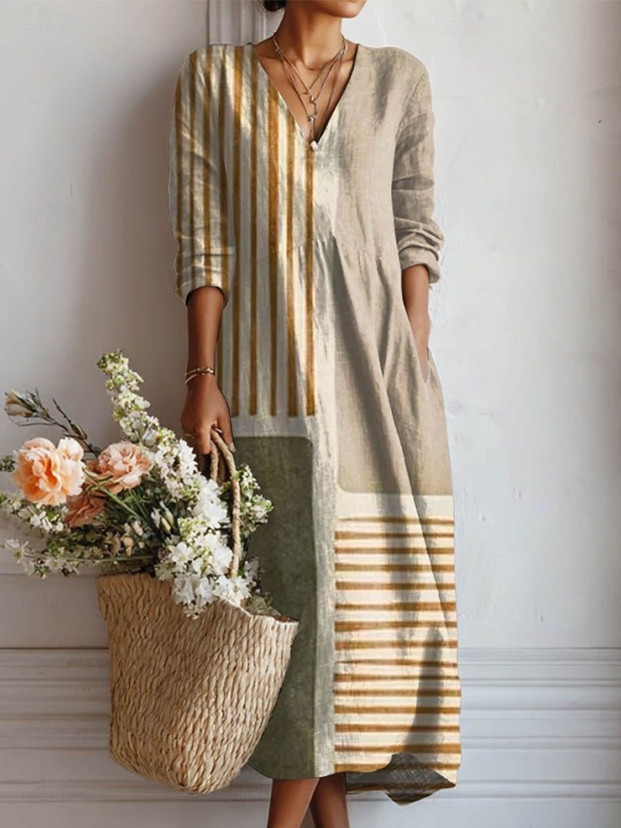Women's Linen Long-Sleeve Boho Maxi Dress