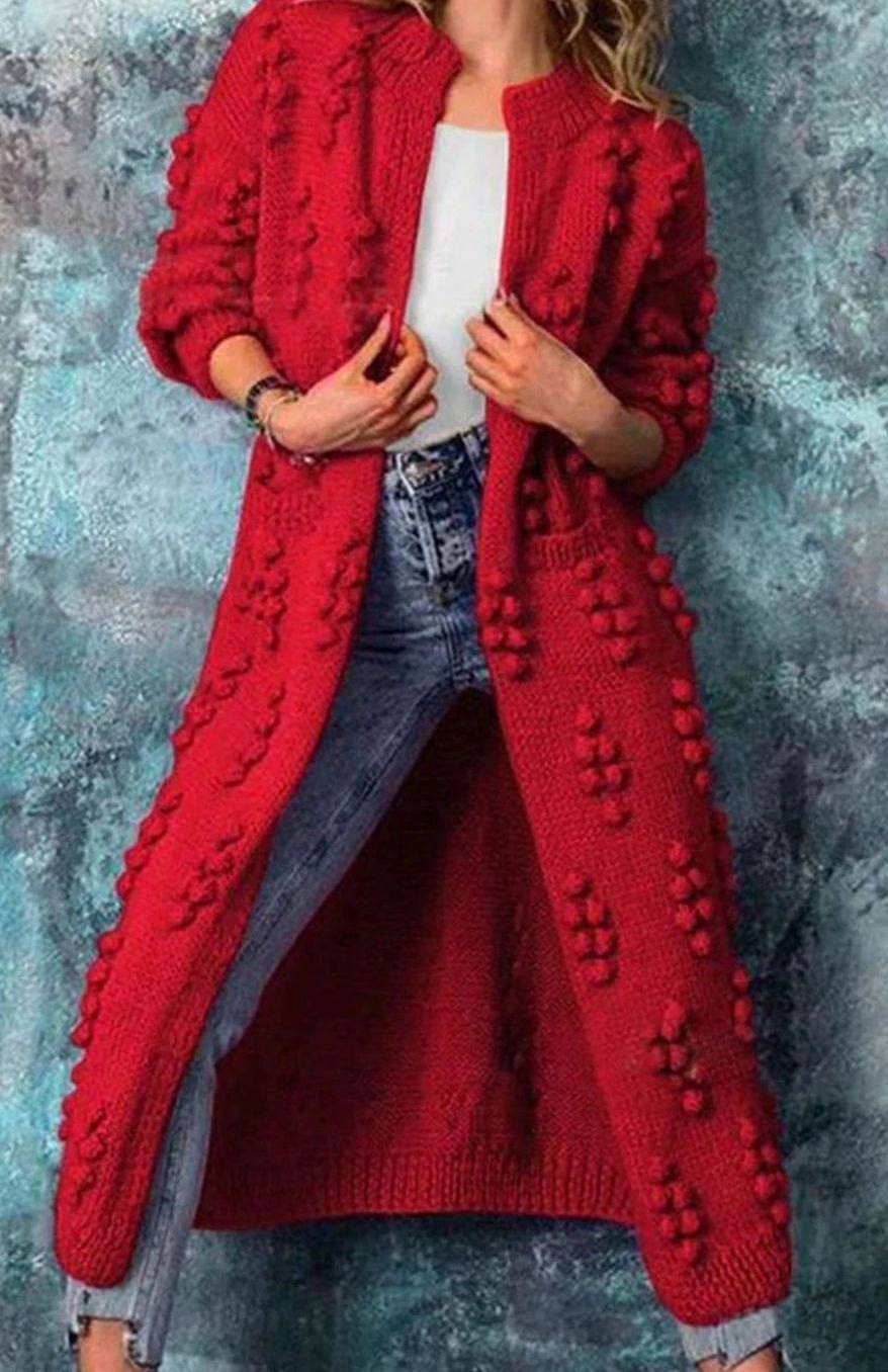 Women's Long Open-Front Pom-Detail Knitted Cardigan Sweater