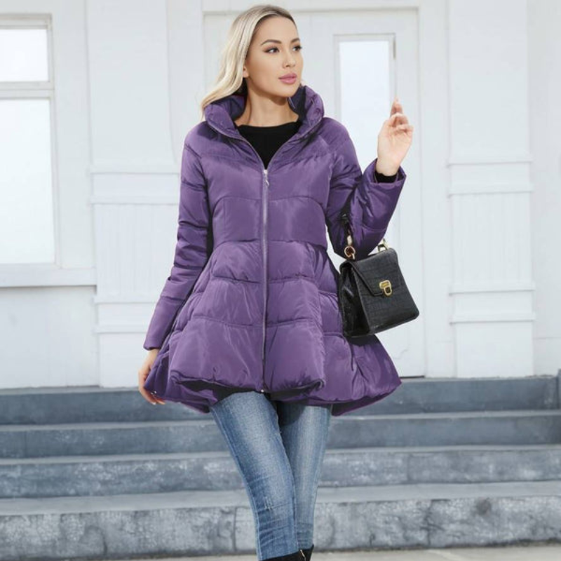 Women's Mid-Length Puffer Jacket with High Collar