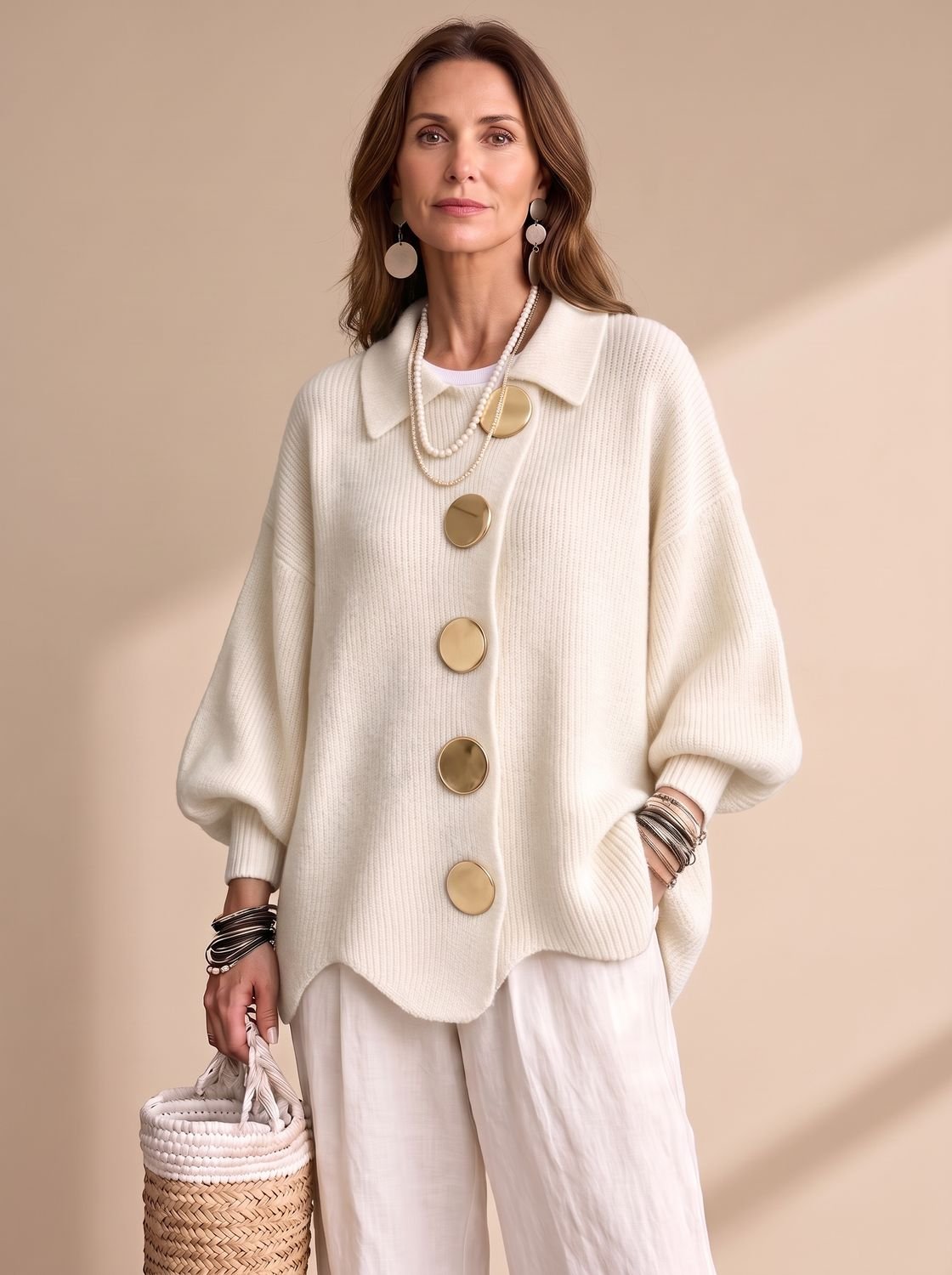 Women's Oversized Lantern-Sleeve Gold-Button Knit Cardigan