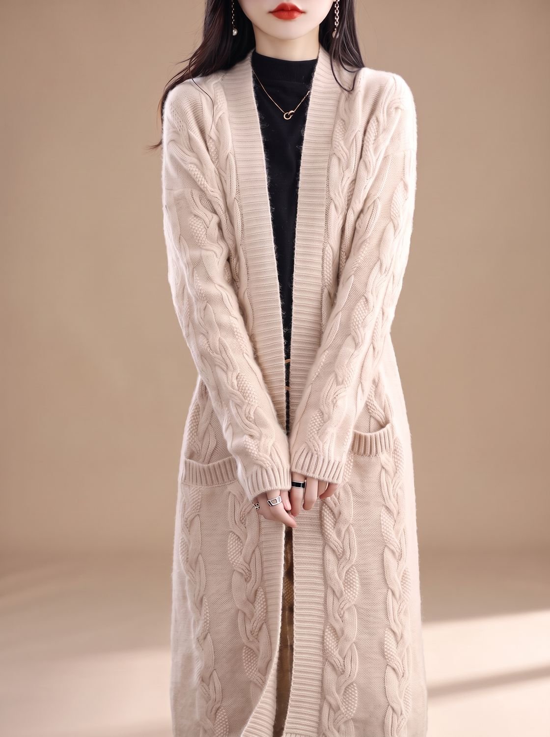Women's Oversized Long Open-Front Striped Knit Cardigan