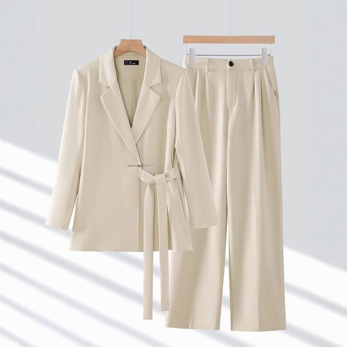 Women's Tailored Belted Blazer and Wide-Leg Pants Suit Set