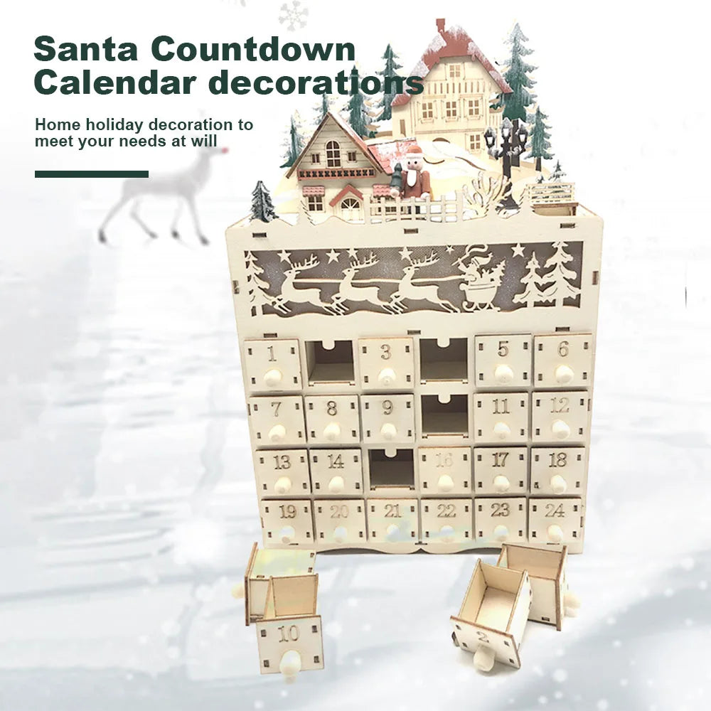 Wooden Advent Calendar – 24 Compartments with Warm LED Light and Christmas Ambience