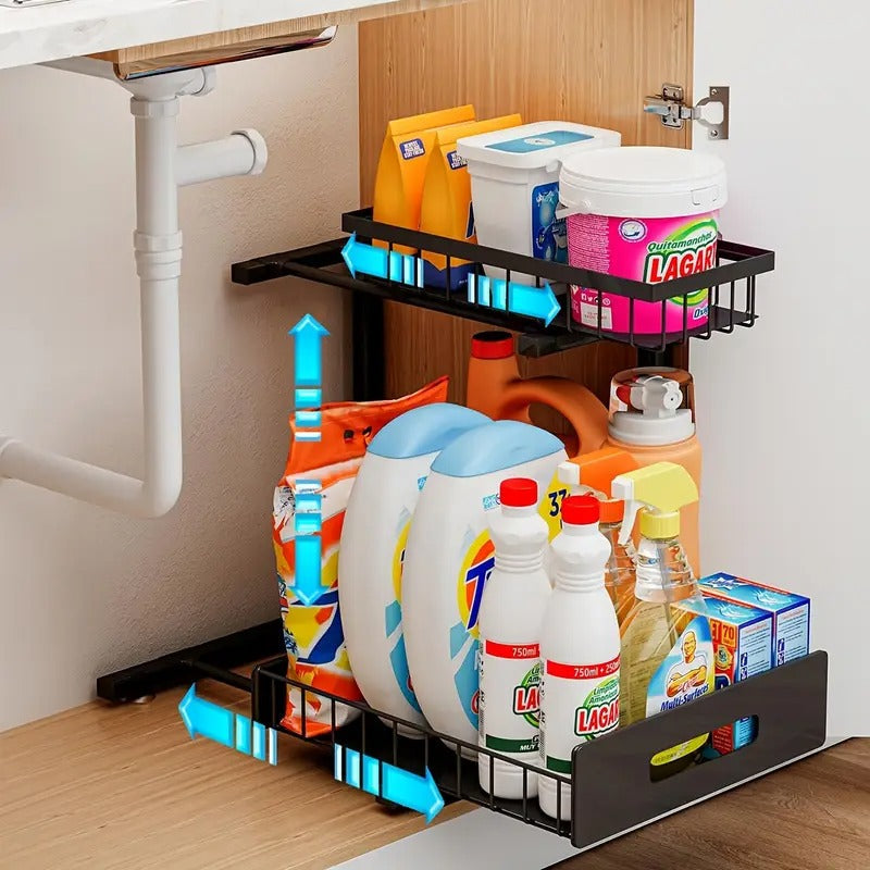 2 Tier Slide Out Under Sink Organizer - L-Shaped Space Maximizer