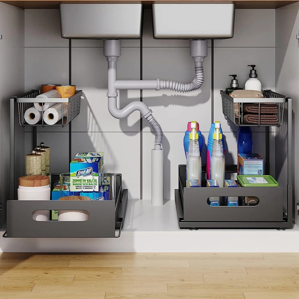2 Tier Slide Out Under Sink Organizer - L-Shaped Space Maximizer
