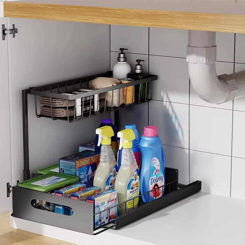 2 Tier Slide Out Under Sink Organizer - L-Shaped Space Maximizer