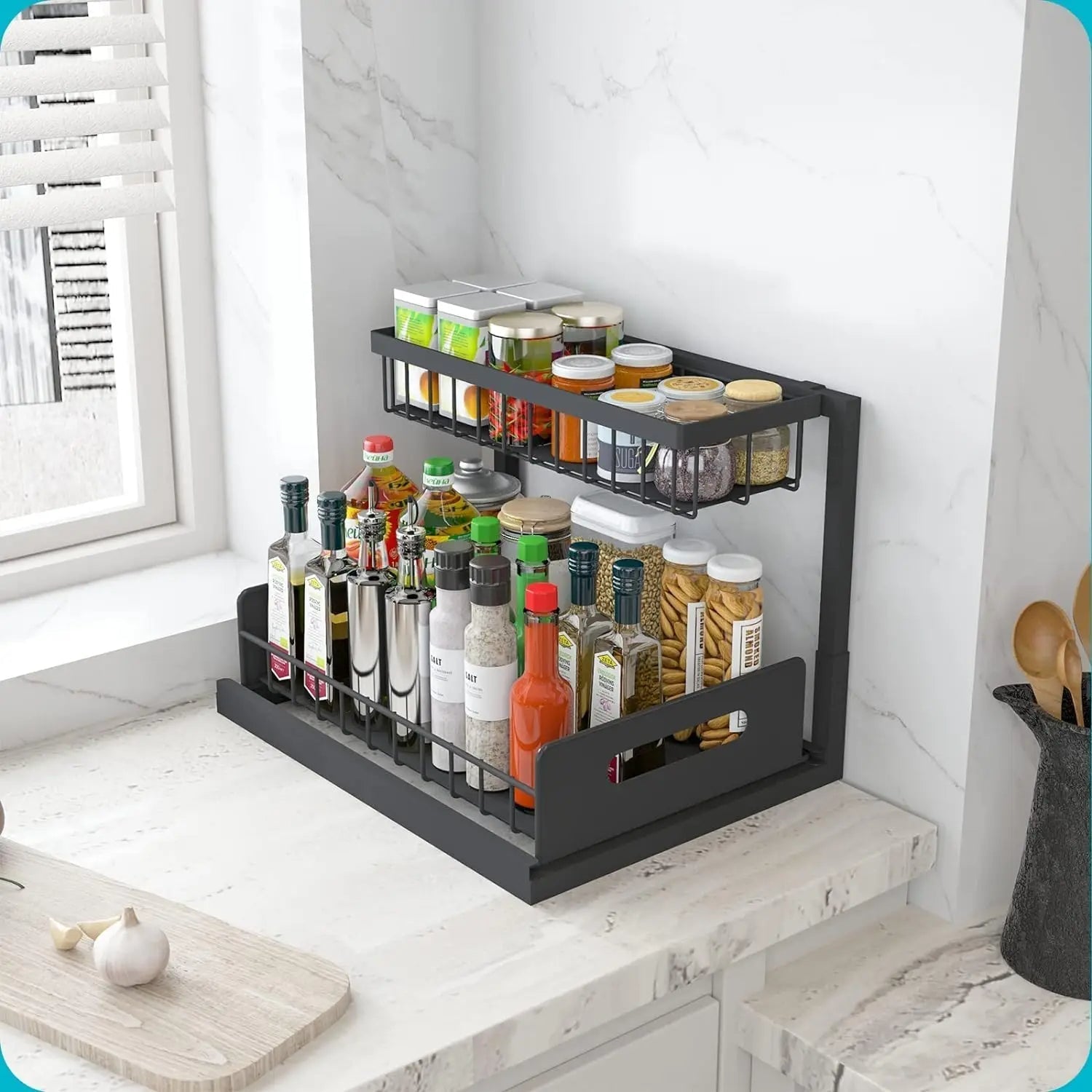 2 Tier Slide Out Under Sink Organizer - L-Shaped Space Maximizer