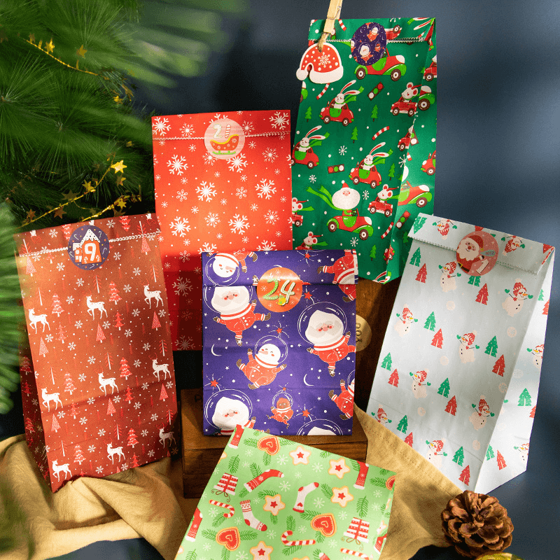 24-Pack Multicolored Christmas Gift Bags with Festive Designs