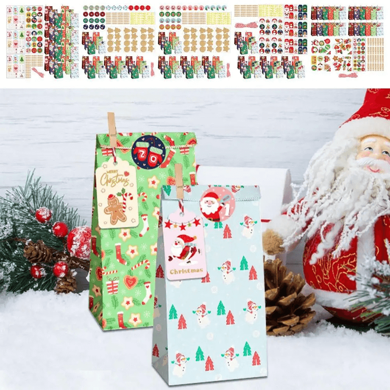 24-Pack Multicolored Christmas Gift Bags with Festive Designs