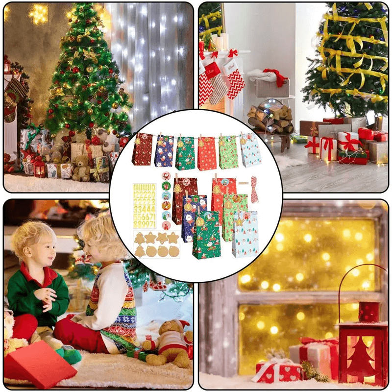 24-Pack Multicolored Christmas Gift Bags with Festive Designs