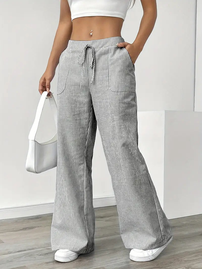 Image of Adrienne | Women's High-Waisted Striped Wide Leg Trousers