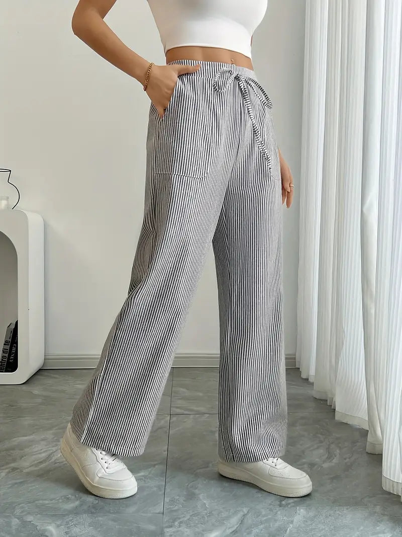 Image of Adrienne | Women's High-Waisted Striped Wide Leg Trousers