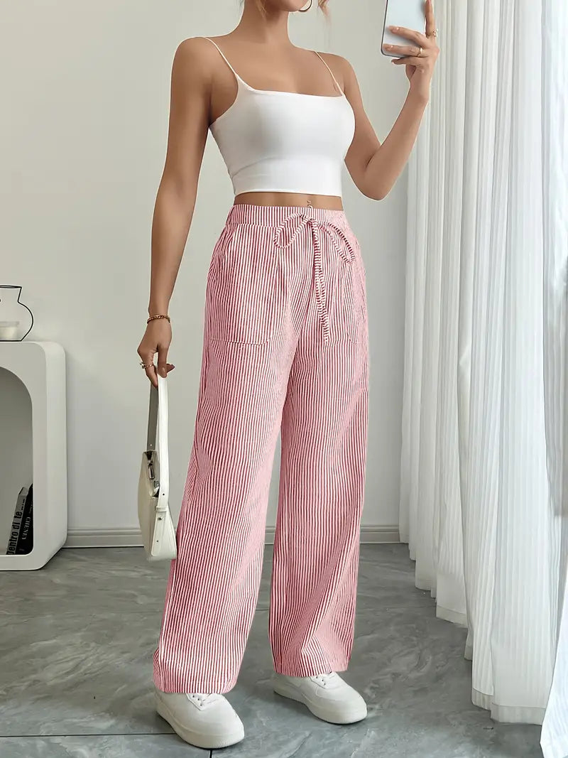 Image of Adrienne | Women's High-Waisted Striped Wide Leg Trousers