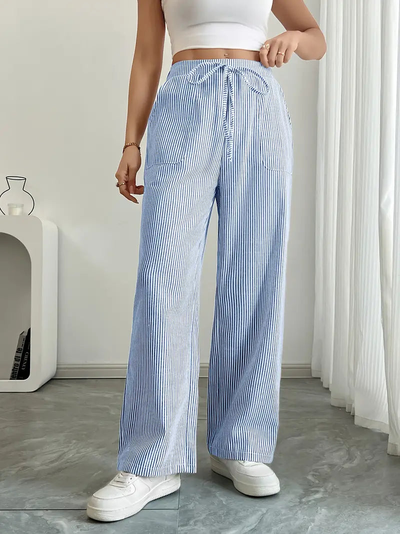 Image of Adrienne | Women's High-Waisted Striped Wide Leg Trousers
