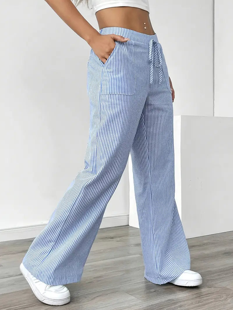 Image of Adrienne | Women's High-Waisted Striped Wide Leg Trousers
