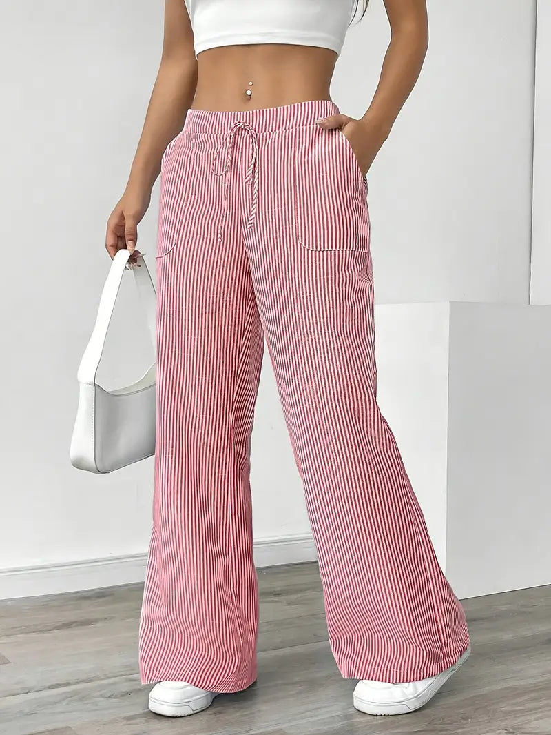 Image of Adrienne | Women's High-Waisted Striped Wide Leg Trousers