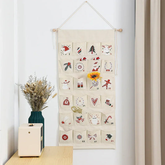 Advent Calendar with 24 Canvas Pockets for Kids – Hanging Christmas Decoration in Multicolor