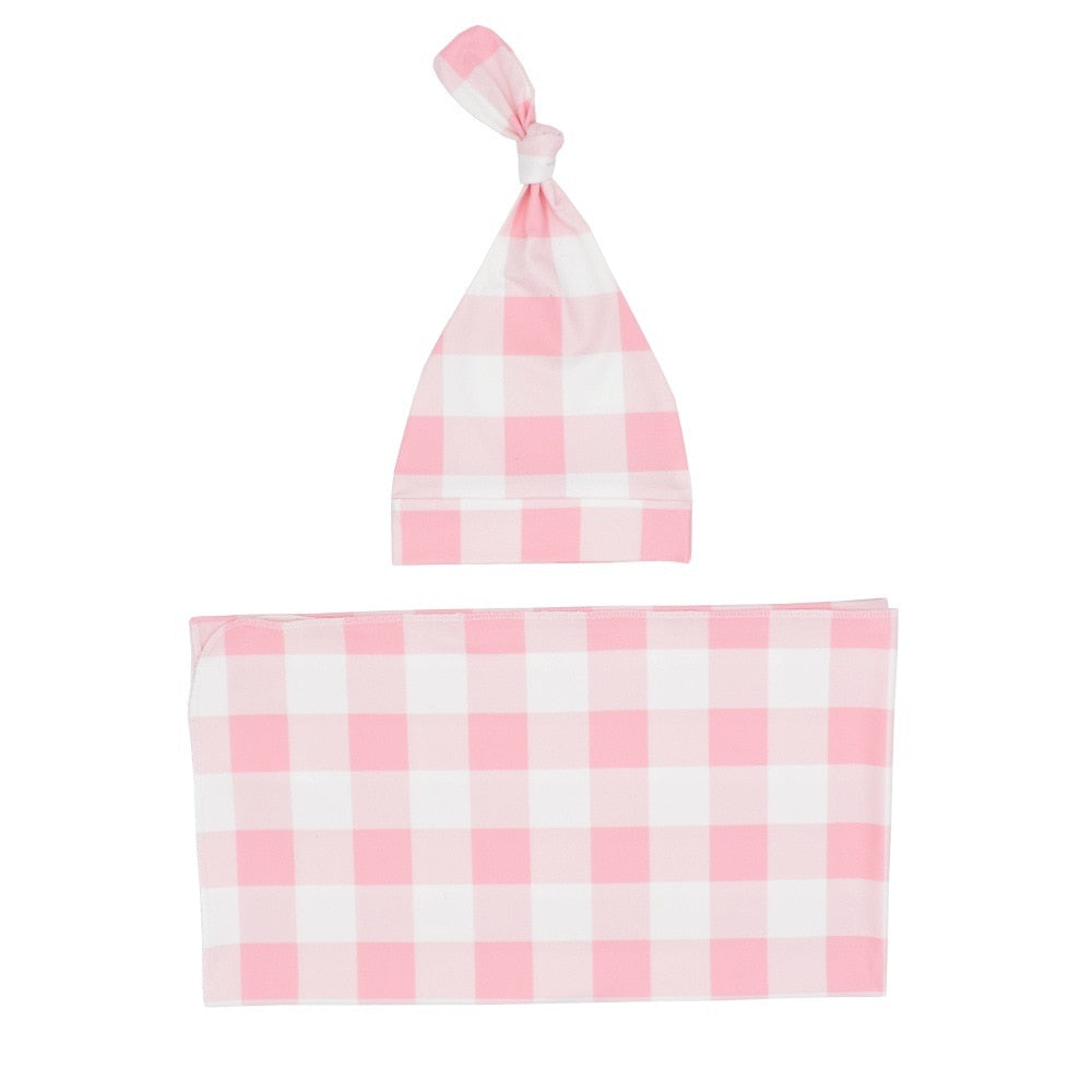 Baby Plaid Swaddle Blanket & Hat Set for Newborns