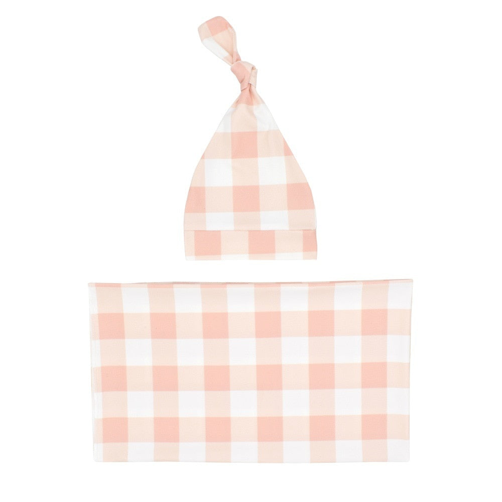 Baby Plaid Swaddle Blanket & Hat Set for Newborns