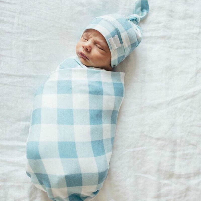 Baby Plaid Swaddle Blanket & Hat Set for Newborns