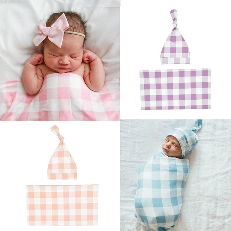Baby Plaid Swaddle Blanket & Hat Set for Newborns