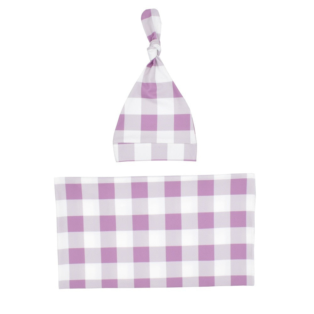 Baby Plaid Swaddle Blanket & Hat Set for Newborns
