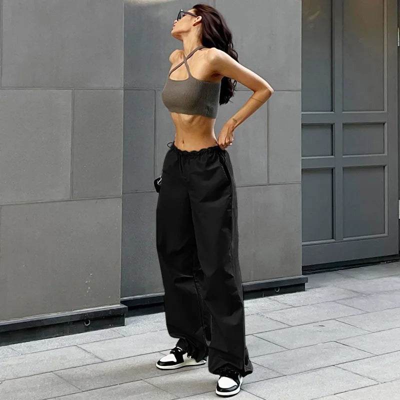 Black Lightweight Multi-Pocket Parachute Pants with Adjustable Waist